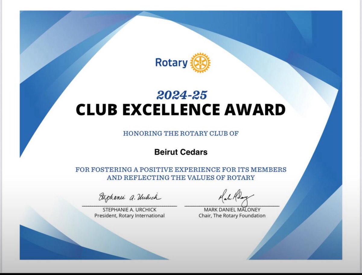 🌟Proud, Honored &amp; Grateful🌟The Rotary Club of Beirut Cedars has achieved the Club Excellence Award 2024-2025, the highest honor a Rotary club can receive worldwide. This recognition from Rotary International President is a testament to an exceptional year filled with 
1/2