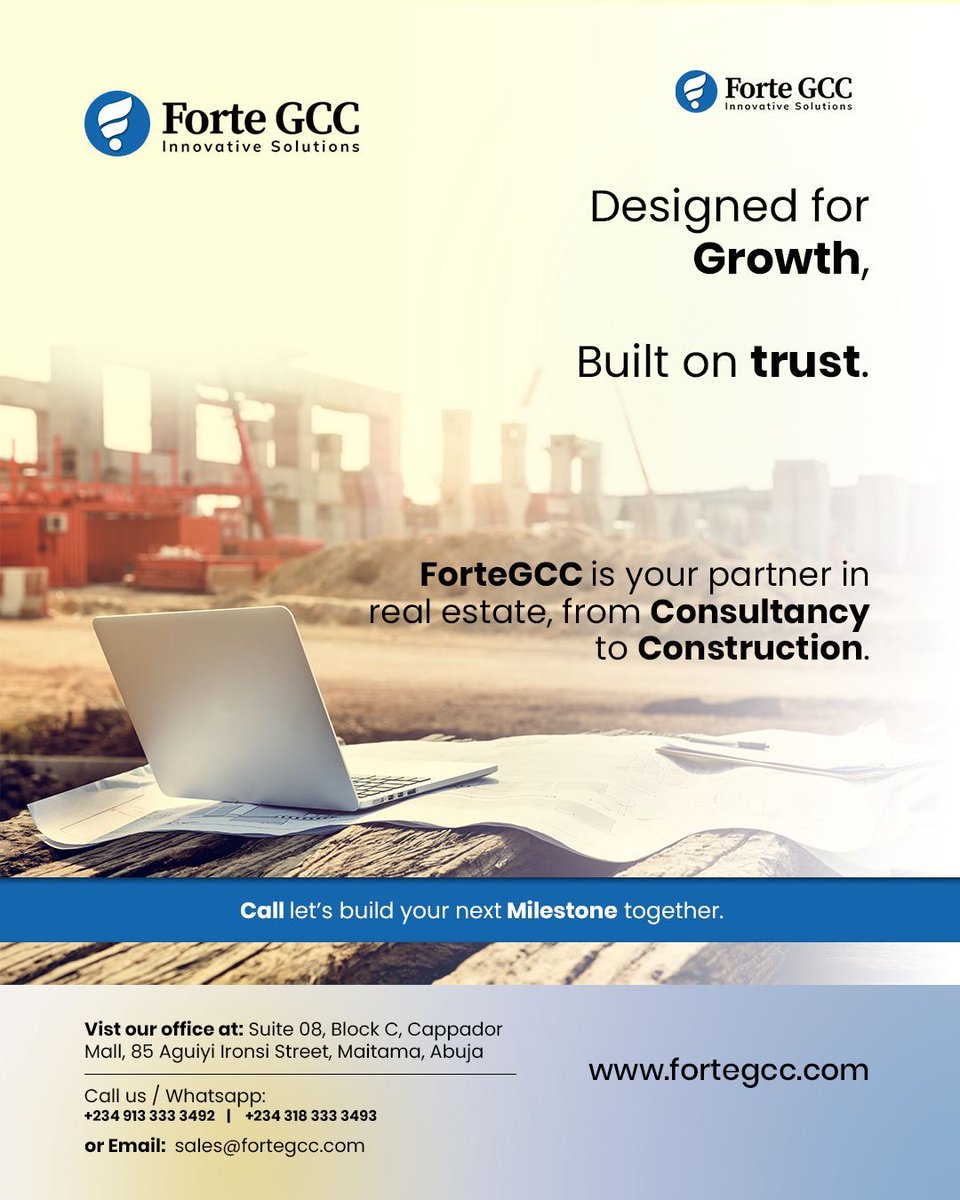 From vision to value — that’s the ForteGCC promise.
Find out how we’re turning raw land into thriving communities.
Visit fortegcc.com or stop by our office in Maitama. 

#fortegcc
