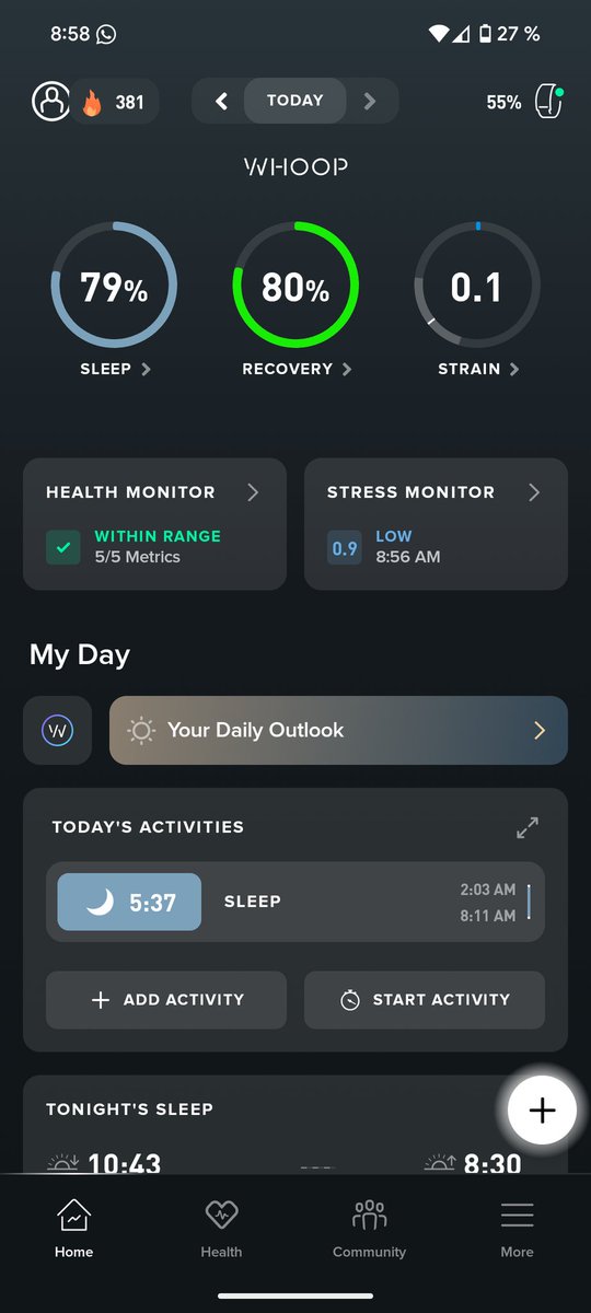 Cada día entiendo menos whoop.. Como voy a tener un 79 de sueño y un 80 de recovery habiendo dormido menos de 6h? Además con una deuda de sueño de >1h