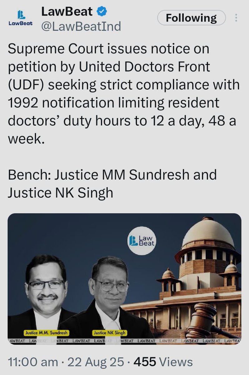 Dr.Arun Kumar (@drarunkofficial) on Twitter photo Supreme Court acts on <a href="/UDF_BHARAT/">UNITED DOCTORS FRONT (UDF)</a> petition!
For 30+ yrs, Govt & colleges ignored the 1992 law capping duty hours of resident doctors at 12 hrs/day, 48 hrs/week.
Overwork = Exhausted doctors, unsafe patients.
This is not a request, it’s law.
Violation = contempt & rights abuse. Supreme Court acts on <a href="/UDF_BHARAT/">UNITED DOCTORS FRONT (UDF)</a> petition!
For 30+ yrs, Govt & colleges ignored the 1992 law capping duty hours of resident doctors at 12 hrs/day, 48 hrs/week.
Overwork = Exhausted doctors, unsafe patients.
This is not a request, it’s law.
Violation = contempt & rights abuse.