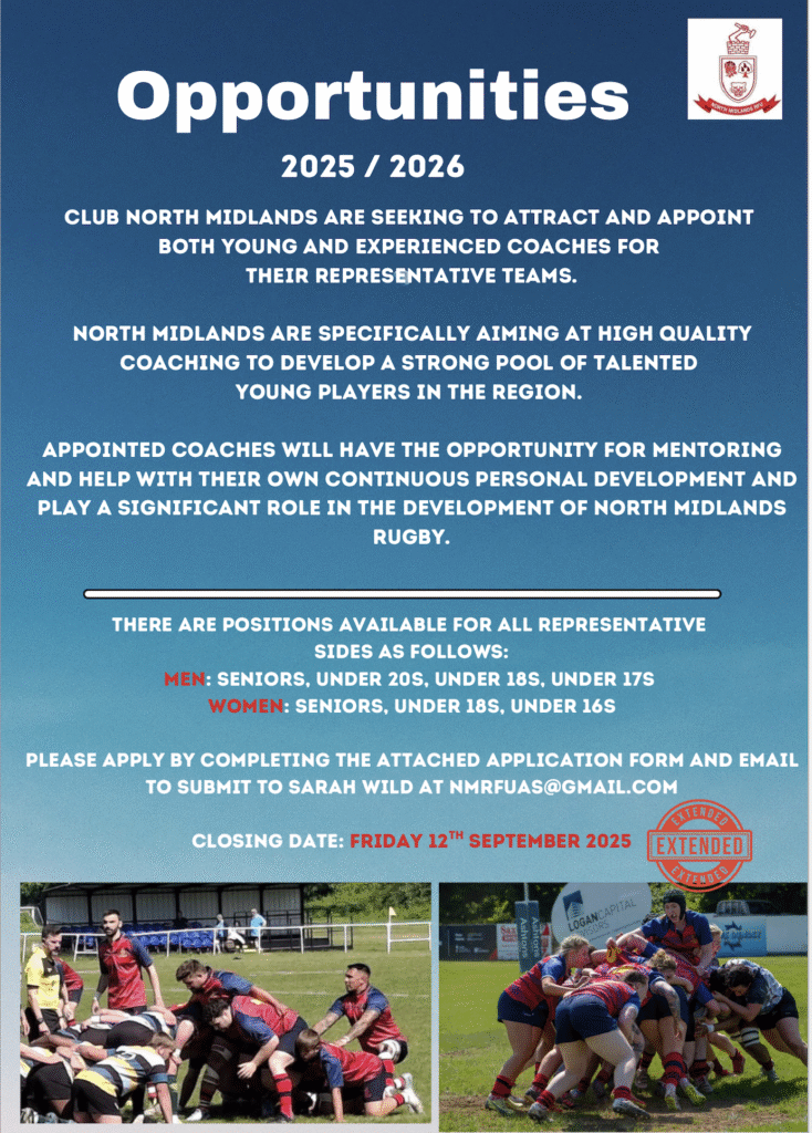 Due to holidays, NMRFU have extended the deadline for Coaching opportunities for representative teams for the 25/26 season until 12th September.

Please pop over to website for full details &amp; opportunities to lead our wonderful squads this year - northmidsrfu.co.uk/coaching-appli…