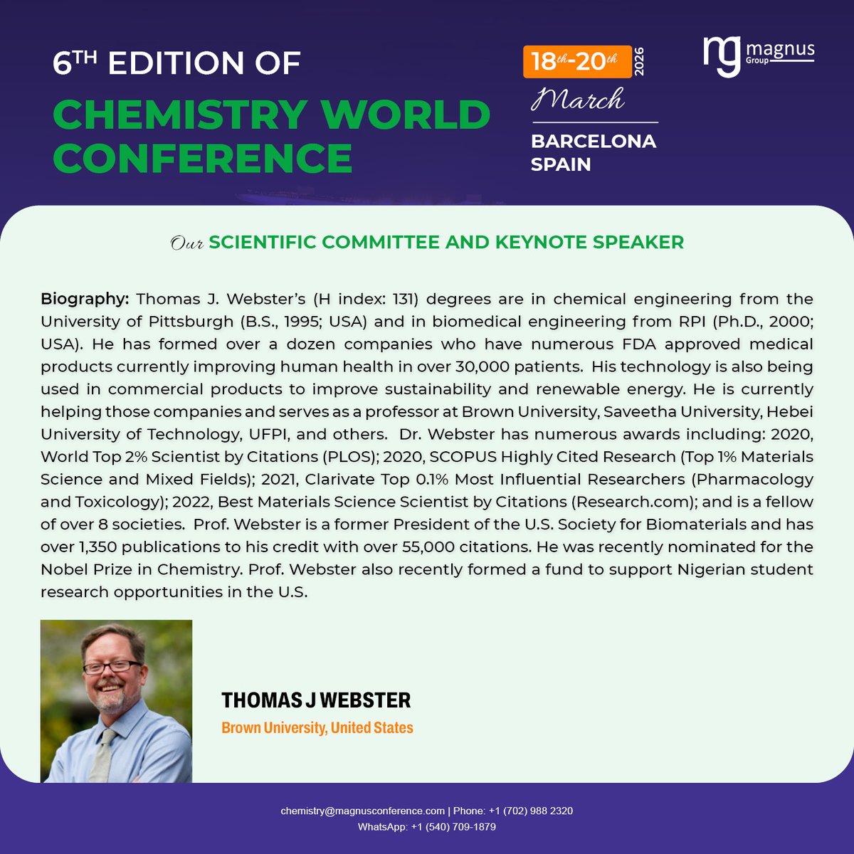 Chemistry World Conference (@chemconference) on Twitter photo ๐ฌ Honored to spotlight #ThomasJWebster, Brown University, US, a renowned Catalysis expert, joining <a href="/ChemConference/">Chemistry World Conference</a> hosted by <a href="/magnus_group/">Magnus Group</a>
๐
June 18โ20, 2026 | ๐ Barcelona | ๐ Hybrid
๐ chemistryworldconference.com
#ChemistryWorldConference #ChemistryResearch #HybridConference ๐ฌ Honored to spotlight #ThomasJWebster, Brown University, US, a renowned Catalysis expert, joining <a href="/ChemConference/">Chemistry World Conference</a> hosted by <a href="/magnus_group/">Magnus Group</a>
๐
June 18โ20, 2026 | ๐ Barcelona | ๐ Hybrid
๐ chemistryworldconference.com
#ChemistryWorldConference #ChemistryResearch #HybridConference