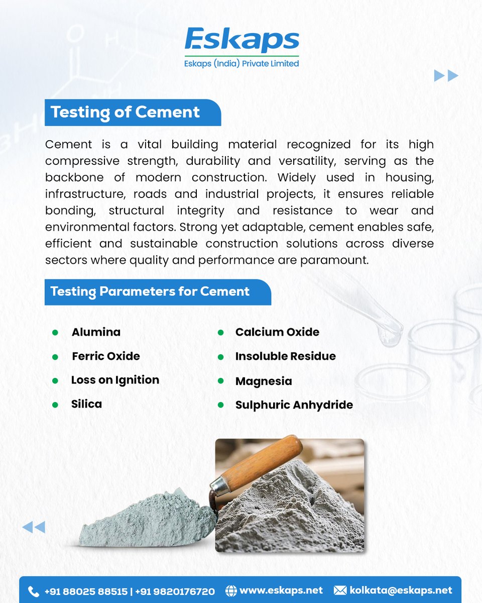 eskapsindia's tweet image. Build with confidence! Eskaps India&apos;s Cement Testing ensures strength, durability, and quality with precise testing for lasting performance. Trusted across projects nationwide.

Contact @eskapsindia to know more!

#CementTesting #ConstructionQuality #StrengthAndDurability