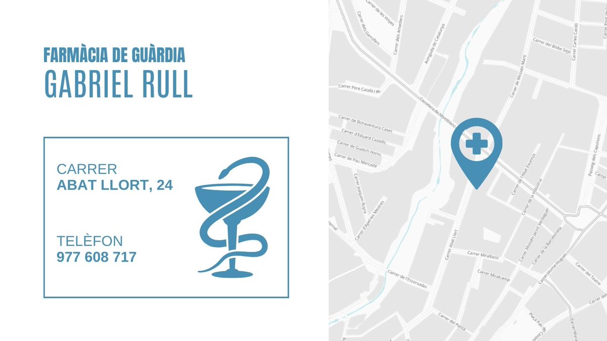 Bon dia, avui a #Valls la farmàcia de guàrdia és Gabriel Rull, al carrer Abat Llort, 24.
#FarmàciaGuardiaValls