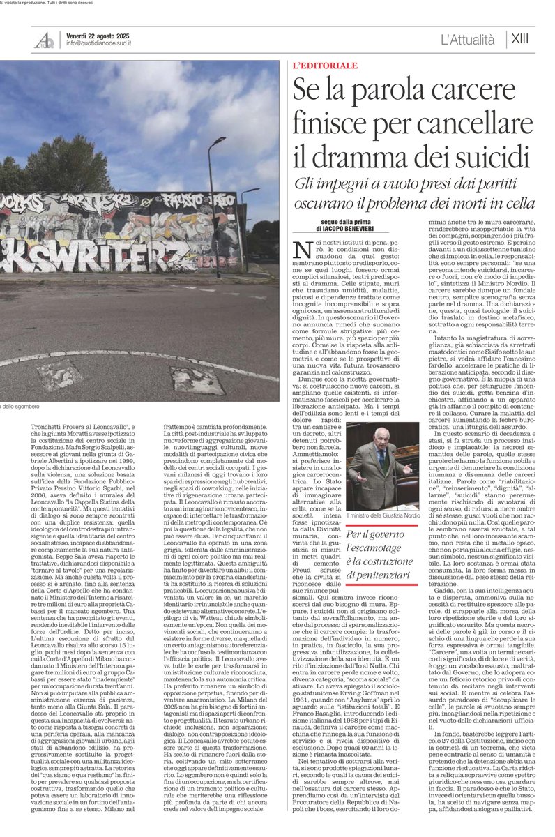 Su L’Altravoce analizzo il paradosso delle politiche penitenziarie: si misura la giustizia in metri di cemento, ma l’unico dato eticamente sostenibile è 0 suicidi. Anche parole come “dignità” e “umanità” collassano.
#carcere #dirittiumani #giustizia #dignità #linguaggio