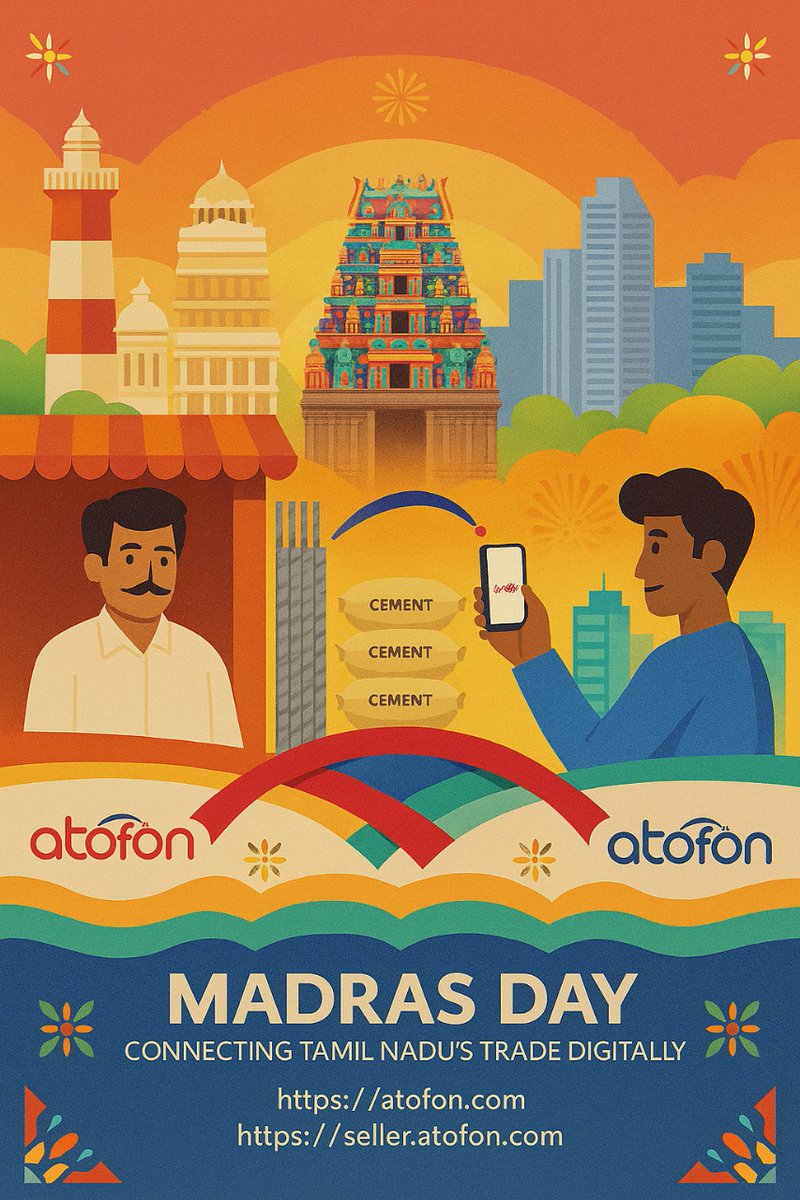 Karthikriz's tweet photo. Happy Madras Day! 🌊🏛️
Tamil Nadu’s strength has always been its trade – from the old Madras port to today’s digital world.

ATOFON connects local sellers and buyers – cement, TMT, paints, steel, pipes – with trust, speed, and transparency.

Celebrate Tamil Nadu’s business spirit with us:
🔗 https://t.co/vRktDOfSkF
 (for buyers)
🔗 https://t.co/rug6XDv0Yg
 (for sellers)

#ATOFON #MadrasDay #TamilNadu #DigitalCommerce #MadeInIndia #ConstructionSupplies #BuiltForBharat #MadrasDay2025