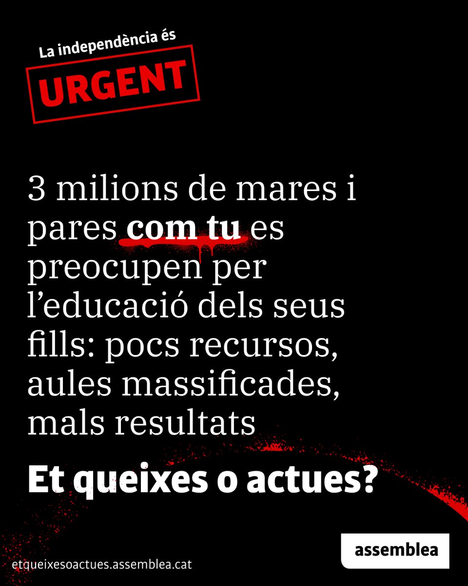 Si el 39% dels ingressos individuals es destinen a pagar impostos, per què tenim precarietat en l'educació? Perquè Madrid s'endú els impostos i no els torna.

La #independència és urgent. 

CONCENTRACIÓ
📅 Dilluns 25 d'agost
🕗 20 h
📍 Font Nova de #Sants (Pl Ramon Torres)