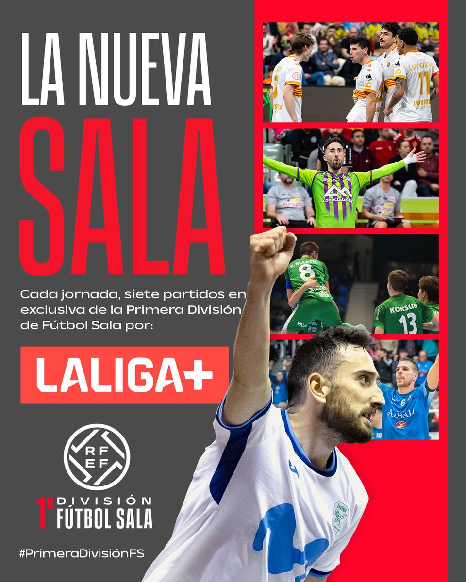 📺 𝗟𝗔 𝗡𝗨𝗘𝗩𝗔 𝗦𝗔𝗟𝗔 

⚽️ Cada jornada, 7⃣ partidos en exclusiva de #PrimeraDivisiónFS por <a href="/LaLigaPlus/">LALIGA+</a> 

🔛 Inicio de la competición: 05/09/2025

🔗 rfef.es/es/noticias/la…

#FutsalRFEF