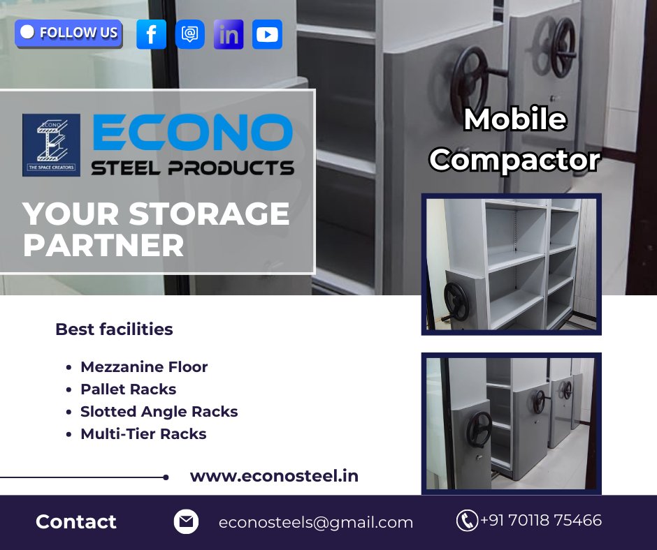 EconoSteel's tweet image. Our Mobile Compactors are the smart solution to maximize storage efficiency while keeping your office, warehouse, or archive clutter-free.
Space-saving design
Easy to operate
Secure &amp;amp; organized

Upgrade to smarter storage today!
#MobileCompactor #SmartStorage #SpaceOptimization