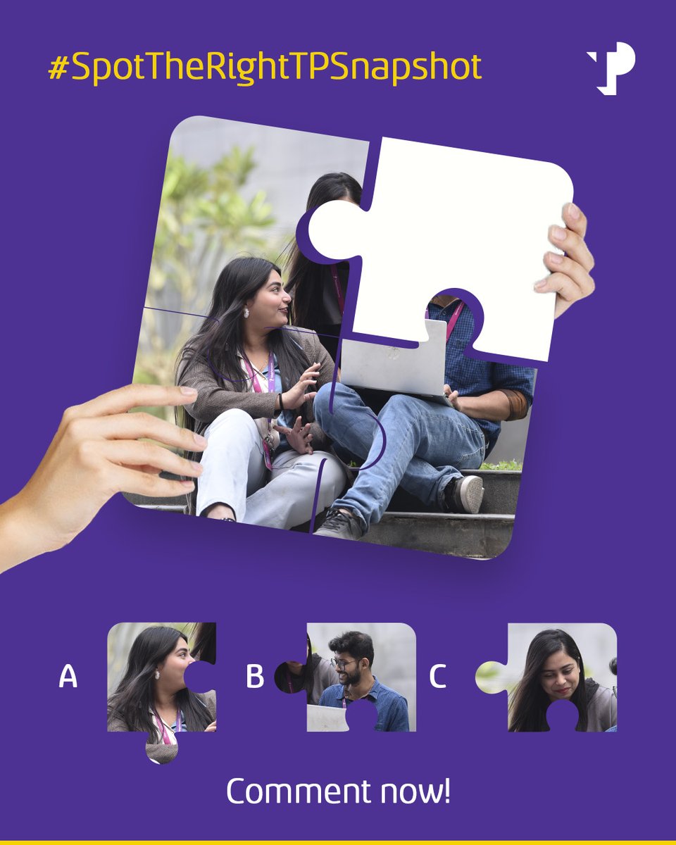 WeAreTPinIndia's tweet photo. It's time to immerse into the #TPverse with our intriguing puzzle!
Which one is the correct answer: A, B, or C?
Share your Answers Now!
#TPIndia #FridayPuzzle #FindTheMissingPiece #SpotTheRightTPSnapshot https://t.co/IqBSFGrYzG