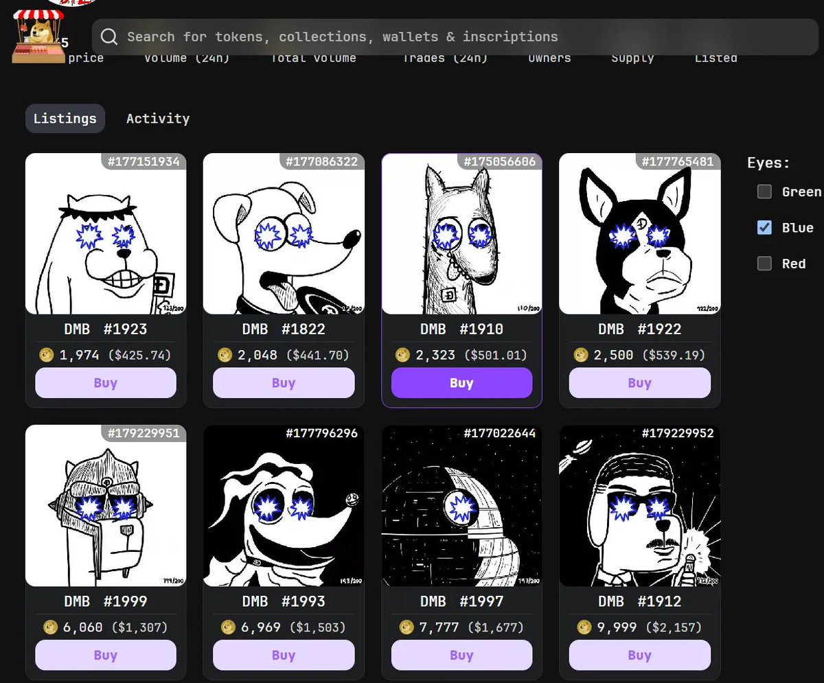 The 2nd to last drop of <a href="/DoginalMaxiBiz/">Doginal Maxi Biz (DMB)</a>  is coming today 🔥

It’s a very special one cause half of the drop will be blue eyes (only 42 on 1800 currently)

- 25 Green Eyes (floor 350 Doge)

- 25 Blue Eyes (floor 1974 Doge)

- 1 Red Eyes (floor 69420 Doge)

Then it will be really