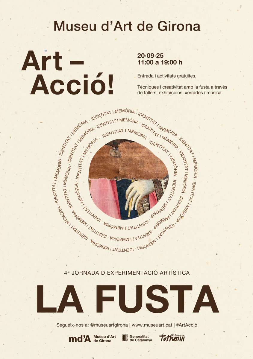 ✨ Ja falta poc per Art-Acció!, la 4a jornada d’experimentació artística dedicada a la FUSTA 🌳

Aquí teniu el cartell 👉 endevineu de quin retaule surt la imatge? 😉

📅 Dissabte 20, d’11 a 19 h
🎨 Tallers, visites i exhibicions gratuïtes per a tothom.

museuart.cat/art-accio-4a-j…