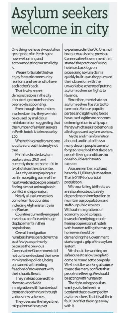 PeteWishart's tweet photo. Right wing populists and the far right have been dehumanising asylum seekers for their own political ends. Their victory will be in seeing people angrily waving placards telling asylum seekers to go home. Perth is so much better than this. Don't let them win. My PA article. https://t.co/xTD5wq9GlR