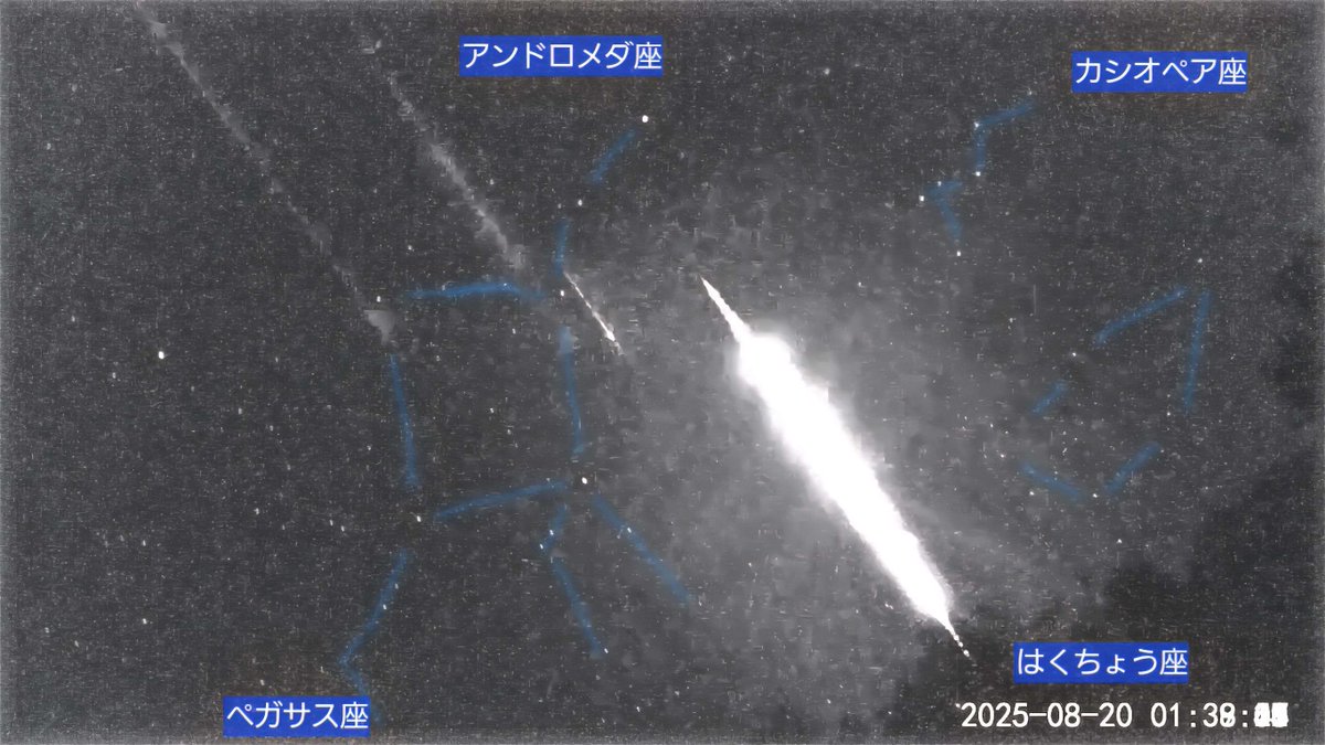 tamc_net's tweet photo. この大火球を東京の立川高校の屋上に設置している自作の観測装置と2点で軌道決定した結果、はくちょう座κ流星群の可能性が非常に高いとわかりました。  
ゆっくりと流れ、地面が明るくなるほどでした。 
入笠山でOBが一眼レフで写した画像は火球の前半部分のみ写っています。 
#火球 #流星 https://t.co/fqSD7kuTUL