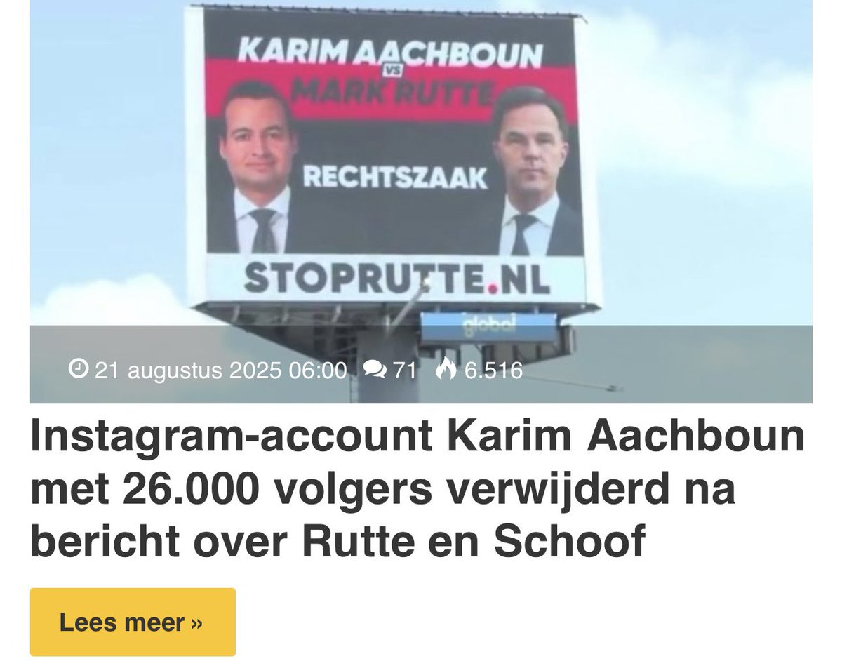 De vrijheid van meningsuiting wanneer het men uitkomt. Mijn Instagram account is sinds dinsdag verwijderd, nadat ik een post over Rutte en Schoof heb geplaatst met nieuwe updates. 

Zonder account kun je géén bezwaar maken, waardoor ik het management van Instagram heb moeten