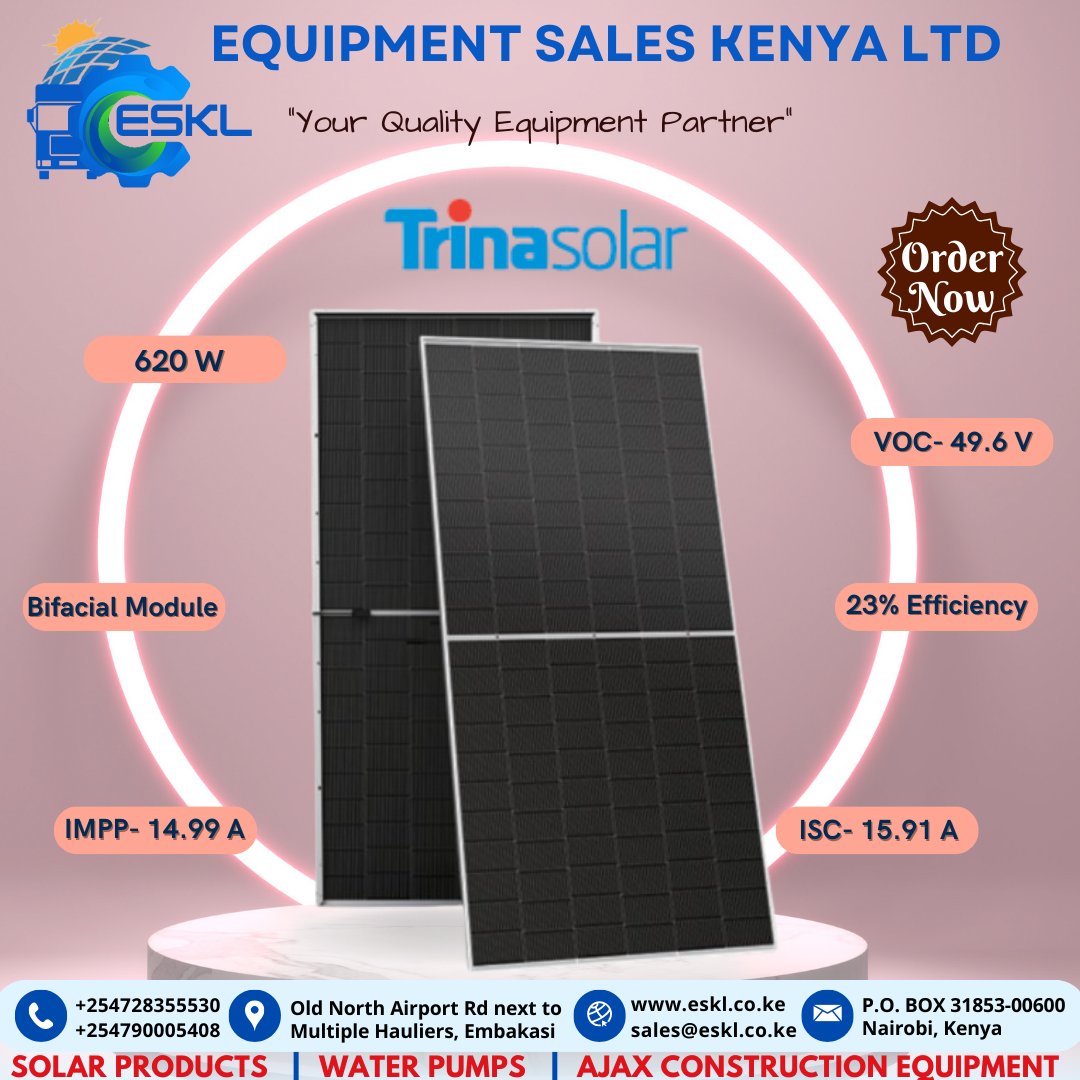 ESKL01's tweet image. 620W Trina Bifacial Solar Panels  available!
✅ 23% efficiency | Long-lasting Grade 1 quality | Built for 30+ years performance.
 
📍Old North Airport Rd, next to Multiple Hauliers, Embakasi – Nairobi
📞 +254728355530 
#solardistributor KiambuFocus CHAN HarambeeStars