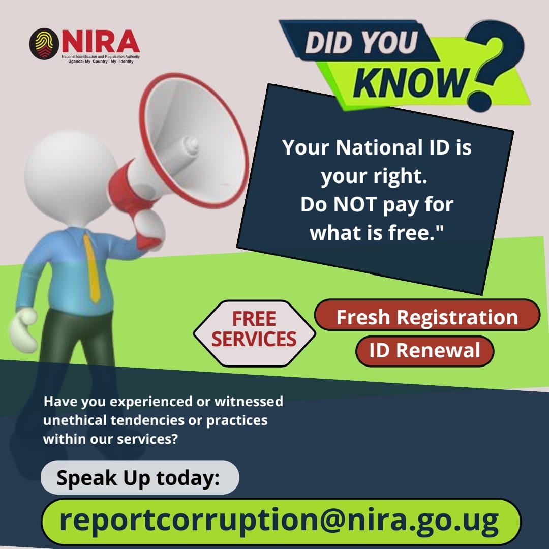 ✅NIN registration is FREE of charge 
✅First time registration for #NationalIDUg is FREE of charge 
✅Renewal of #NationalIDUg is FREE of charge 
✅All NIRA forms (downloadable share.google/phHNQuqQBttdoF…) are FREE of charge 

Verdict: Join the rest to raise dust: record and share