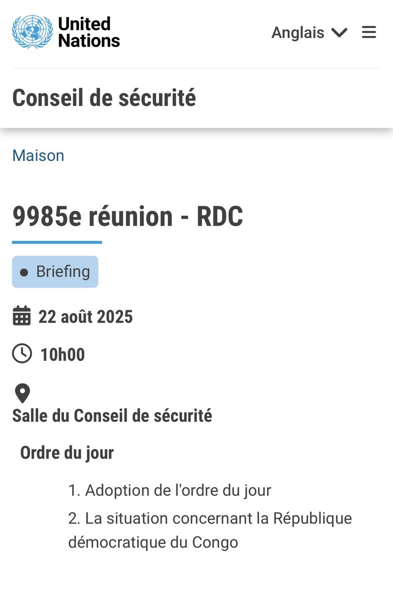 #RDC 🇺🇳Le Conseil de sécurité de l’#ONU se réunira ce vendredi pour évoquer la situation en RDC à la demande des États Unis (16h heure de Paris)
