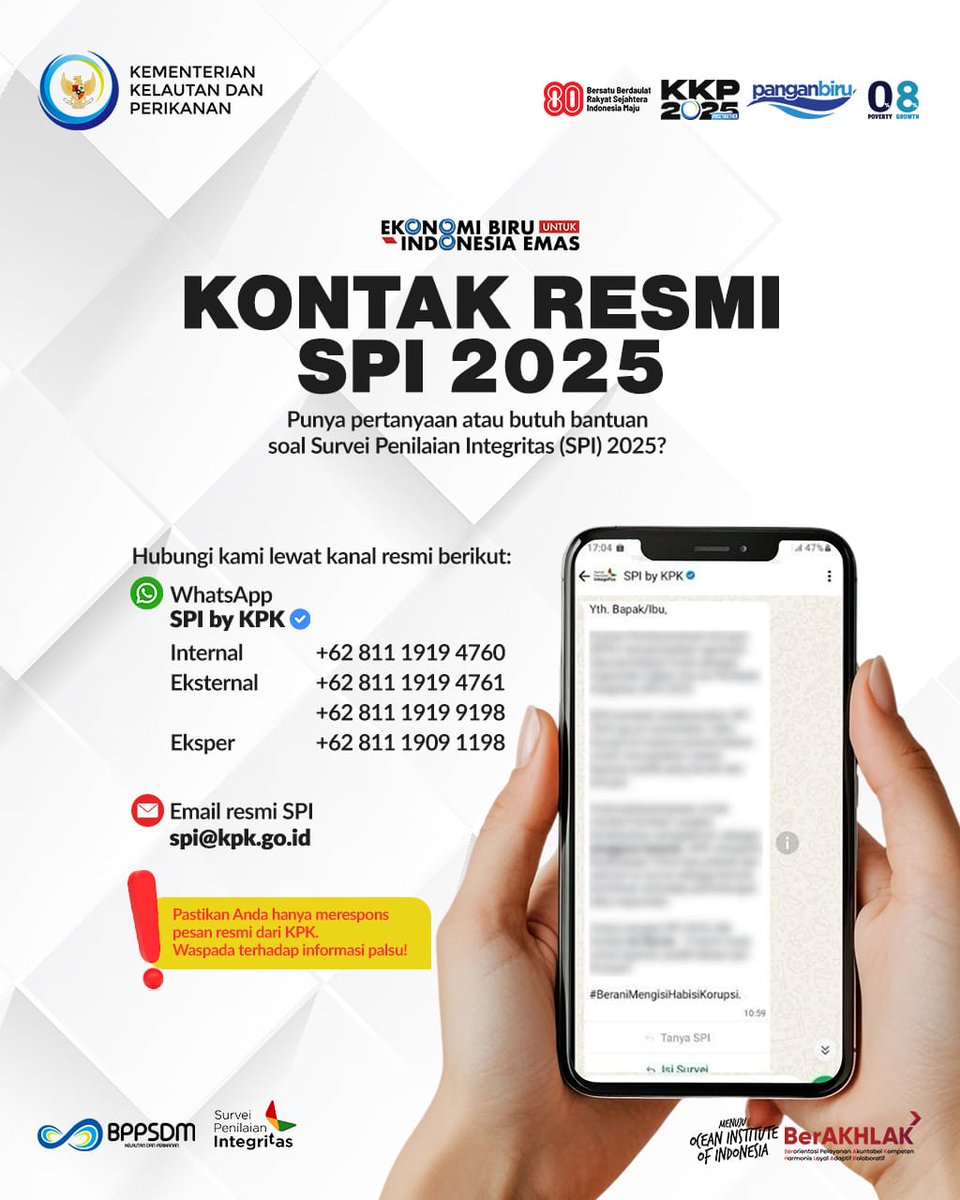 BPPSDM - KP POLTEK KP PANGANDARAN (@kp_pangandaran) on Twitter photo #SobatBahari, Sekretariat <a href="/bppsdm_kp/">BPPSDM KKP</a> beserta 27 unit kerja lainnya dari total 41 unit kerja lingkup BPPSDM KP terpilih menjadi responden dlm #SurveiPenilaianIntegritas #SPI2025 yg berlangsung sejak 1 Agustus lalu hingga 31 Oktober mendatang
#2025KKPRiseTogether <a href="/in_radiarta/">INRadiarta</a> #SobatBahari, Sekretariat <a href="/bppsdm_kp/">BPPSDM KKP</a> beserta 27 unit kerja lainnya dari total 41 unit kerja lingkup BPPSDM KP terpilih menjadi responden dlm #SurveiPenilaianIntegritas #SPI2025 yg berlangsung sejak 1 Agustus lalu hingga 31 Oktober mendatang
#2025KKPRiseTogether <a href="/in_radiarta/">INRadiarta</a>
