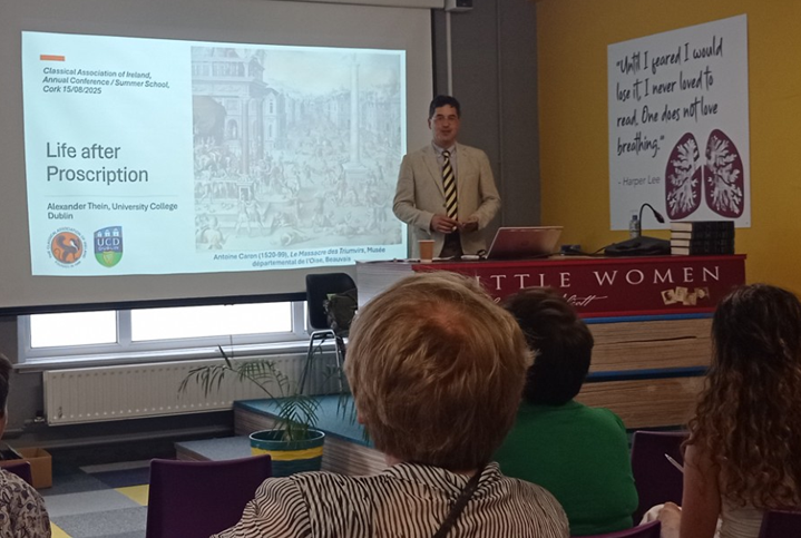 RaoulMcLaughlin's tweet photo. @rogueclassicist Great Talk last week by Dr Alexander Thein from University College Dublin - 'Life After Proscription'. Photos from the Classical Association of Ireland Summer School🙂 https://t.co/gG7GMQtkoU  @ClassAssocNI  @ClassicsIreland  @UCDclassicssoc https://t.co/XsKO9oojJv