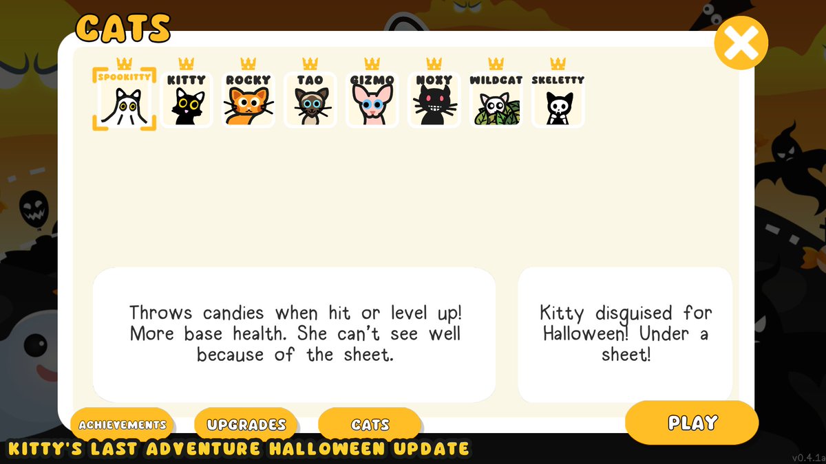 To keep players coming back to Kitty's Last Adventure, every update brought at least 2 new cats (plus QoL &amp; content).

Each cat's select menu captures the game’s evolution over time.

On August 26, the last update will add 3 more cats… and the brand new Serenity World 🛸✨

👇👇