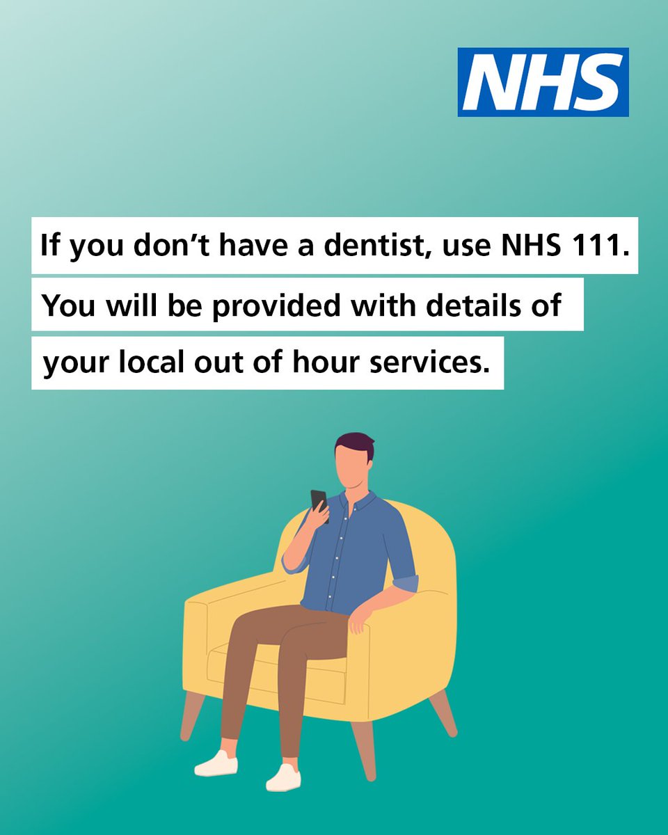 If you need urgent dental treatment over the bank holiday weekend, contact your usual dentist.  
 
If you cannot reach your dentist, use NHS 111 online or call 111 for information about your local out of hours service.