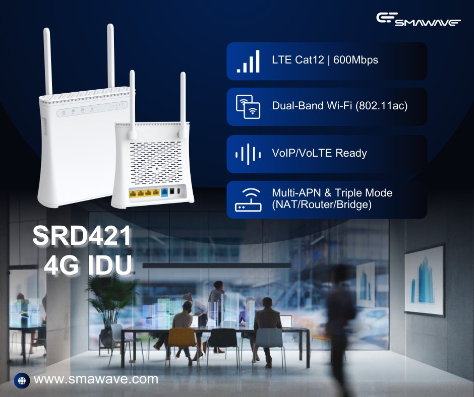 SmawaveTech's tweet photo. Meet All-in-One LTE Indoor CPE Solution - Smawave SRD421🌐

✅ LTE Cat12 (up to 600Mbps)
✅ Dual-Band Wi-Fi (802.11ac)
✅ VoIP/VoLTE Support for crystal-clear calls
✅ Multi-APN &amp; NAT/Router/Bridge Modes

🏠 Residential broadband | 🏢 SMB networks | 🏭 Enterprise branch offices https://t.co/XCWE7oZytt