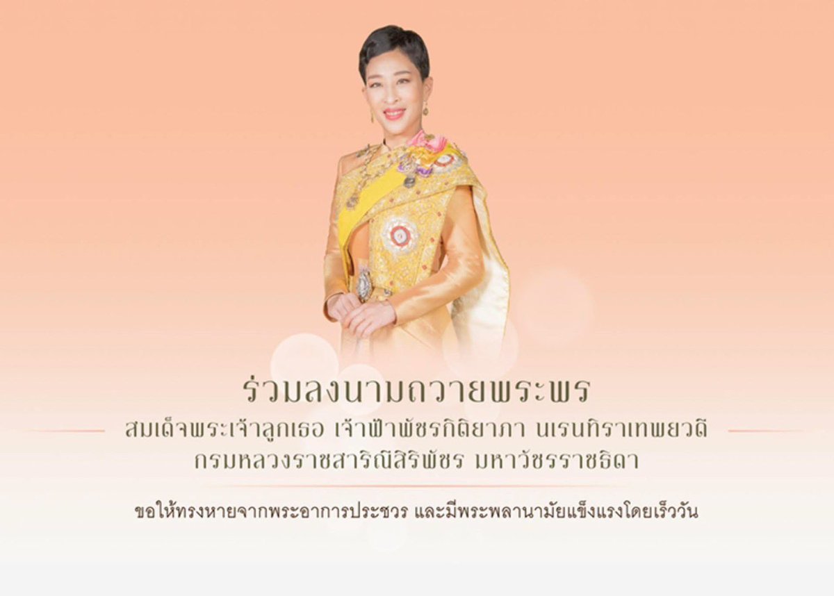 ขอ​เชิญชวน​ประชาชนร่วมลงนามถวายพระพร สมเด็จพระเจ้าลูกเธอ เจ้าฟ้าพัชรกิติยาภา นเรนทิราเทพยวดี กรมหลวงราชสาริณีสิริพัชร มหาวัชรราชธิดา ขอให้ทรงหายจากพระอาการประชวรและมีพระพลานามัยแข็งแรงโดยเร็ววัน ผ่านระบบออนไลน์ ที่เว็บไซต์หน่วยราชการในพระองค์ wellwishes.royaloffice.th

#ทรงพระเจริญ