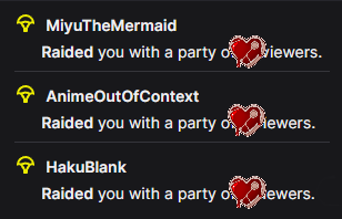 Thank you guys for coming by stream! I appreciate all the kindness &amp; support you've offered today ❤️ we have some new emotes in the works for the channel, so hopefully I can get them uploaded soon™

Thank you to all our raiders! See you on Saturday 💕