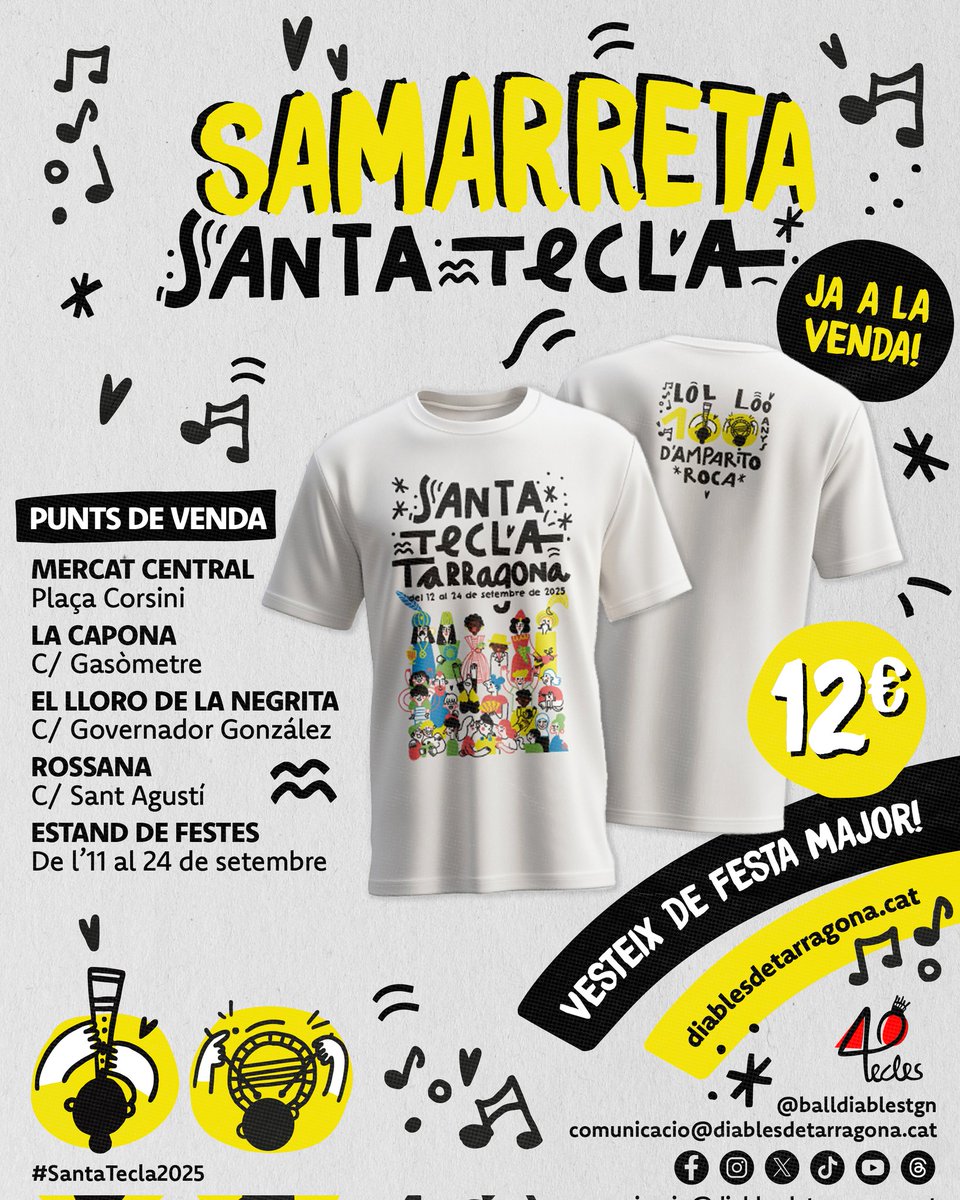 Vesteix de Festa Major ❗ Vesteix la samarreta de Santa Tecla ‼️

Ja estan a la venda!!! <a href="/lacaponatgn/">llibrerialacapona</a>, el Lloro de la Negrita i la Rosassa ja t'esperen perquè puguis adquirir la teva samarreta de Santa Tecla. 

🛍️També, com cada any, estan disponibles al <a href="/tarragonamercat/">Mercat Central Tarragona</a>.