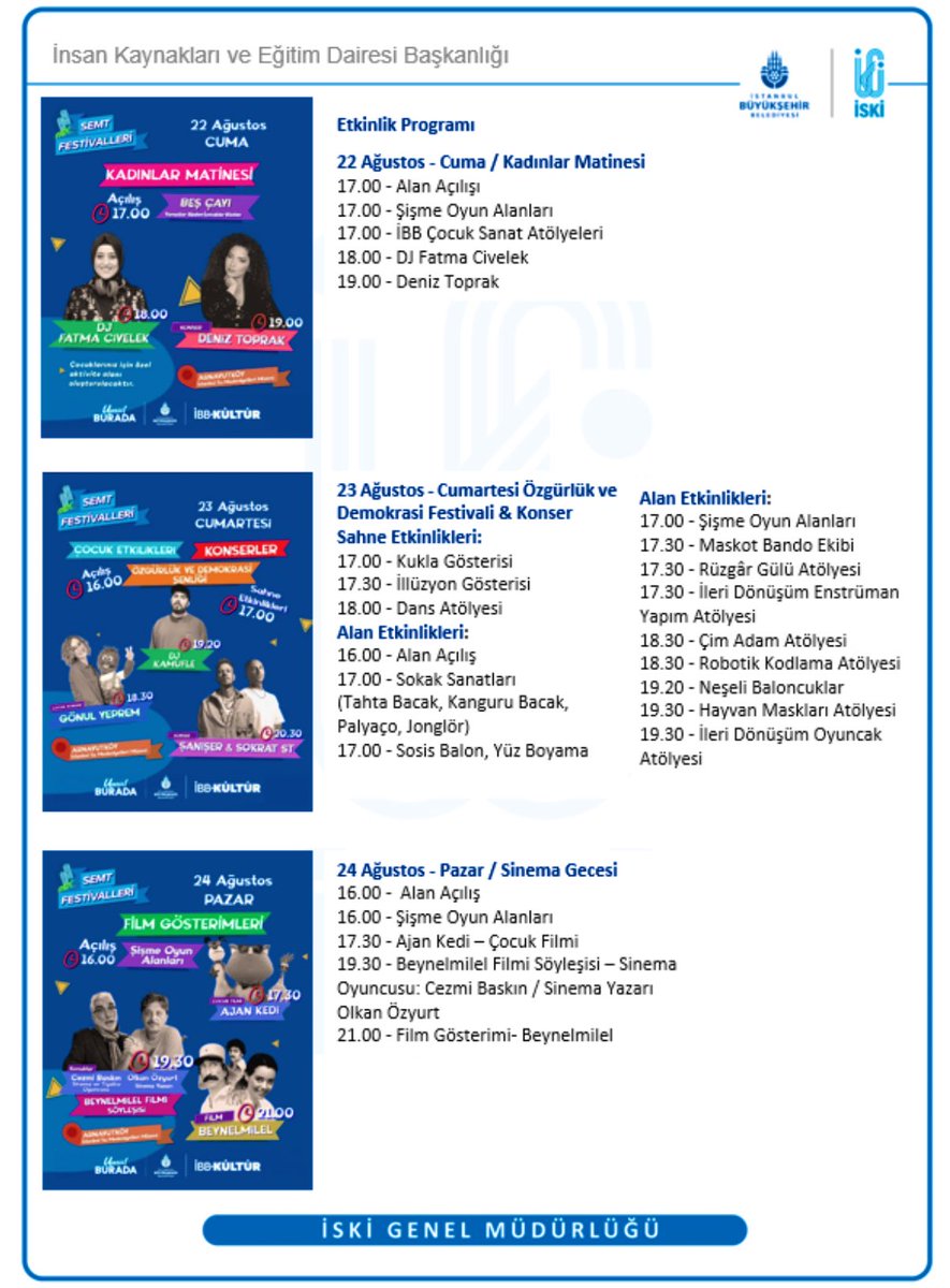Arnavutköy Terkos’ta bulunan İSKİ İstanbul Su Medeniyetleri Müzesi Yerleşkemizde iBB-Kültür Semt Festivali bugün başlıyor. Kıymetli çocuklarımızı ve ailelerini bekliyoruz.