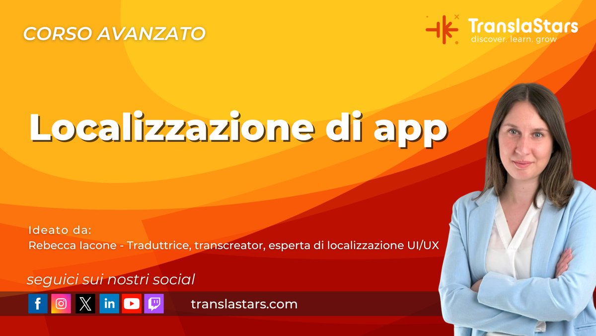 📲 Porta il tuo 𝗽𝗿𝗼𝗳𝗶𝗹𝗼 𝗮𝗹 𝗹𝗶𝘃𝗲𝗹𝗹𝗼 𝗣𝗥𝗢 con la #LocalizzazioneDiApp!
🗓️ 10–12 Set, 18:00 CET (8 h)
Docente: Rebecca Iacone.

Impara:
#iOS/#Android
#AppStore/#GooglePlay
#LQA &amp; #Testing
Laboratorio pratico

🎥Live + Q&amp;A
📜Certificato

👉 translastars.com/course/localiz…