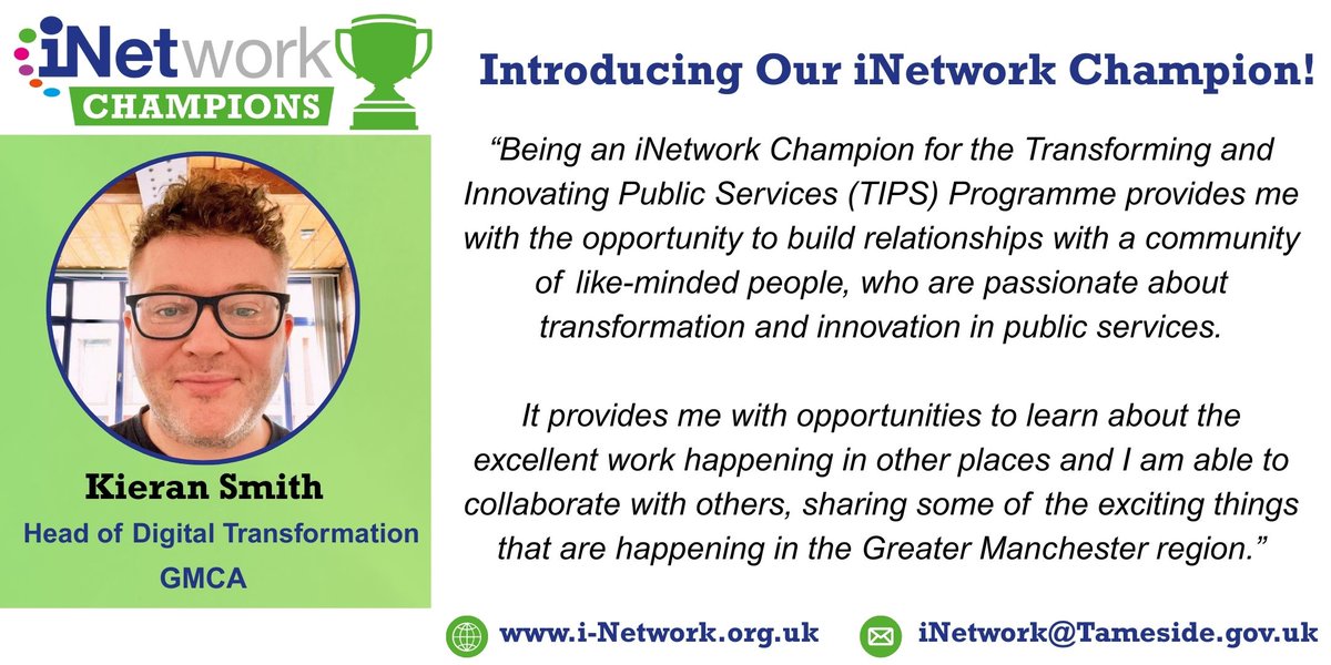 iNetwork (@theinetwork) on Twitter photo Meet Kieran Smith, <a href="/greatermcr/">Greater Manchester Combined Authority</a>, an iNetwork Champion for the Transforming & Innovating Public Services programme! 🏆
On becoming a Champion, Kieran said the following👇
If you are interested in becoming an iNetwork Champion, find out more here: i-network.org.uk/inetwork-champ… Meet Kieran Smith, <a href="/greatermcr/">Greater Manchester Combined Authority</a>, an iNetwork Champion for the Transforming & Innovating Public Services programme! 🏆
On becoming a Champion, Kieran said the following👇
If you are interested in becoming an iNetwork Champion, find out more here: i-network.org.uk/inetwork-champ…