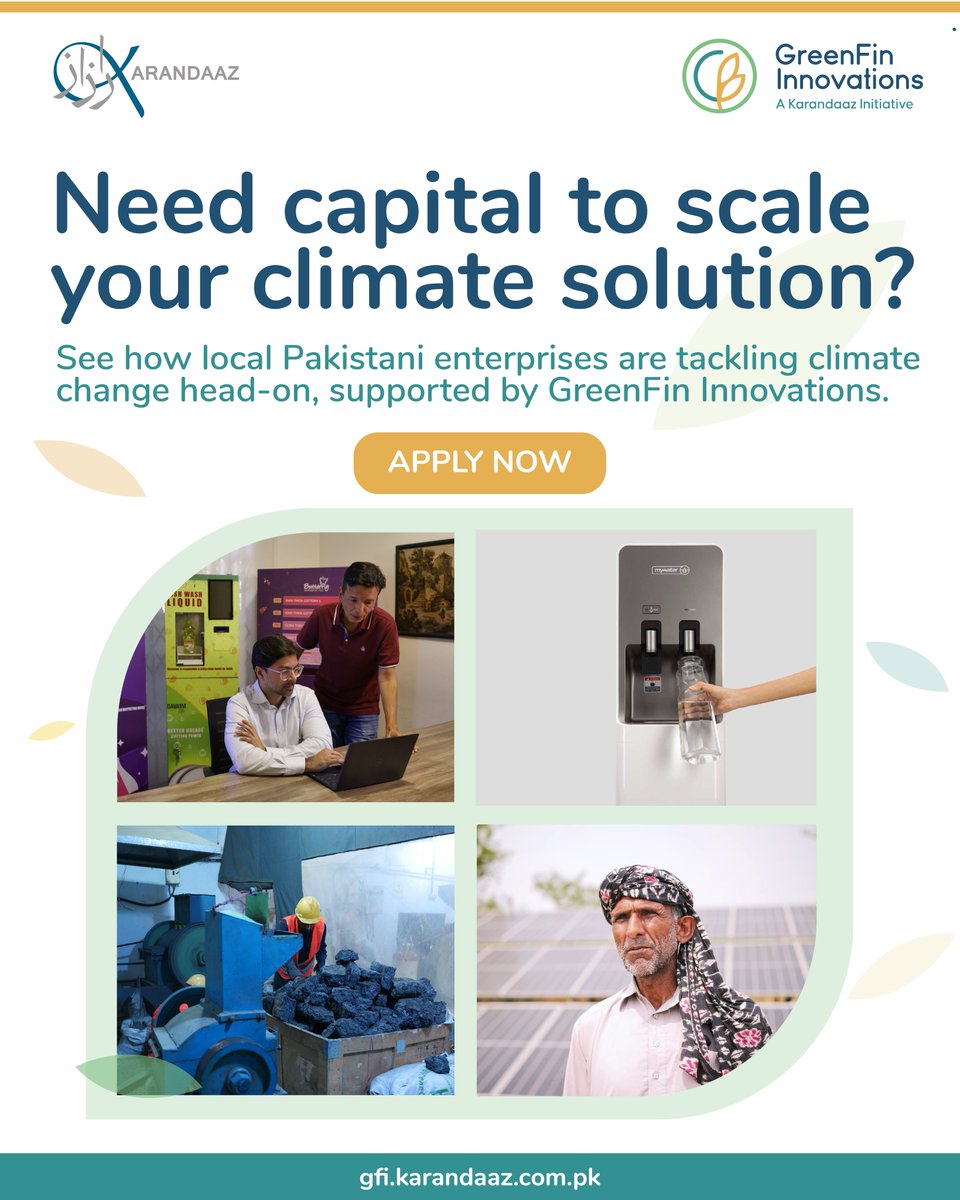 🌍 Pakistan is on the frontline of climate risks, from water scarcity, plastic waste, to rising temperatures. But local innovators are leading climate action with bold and scalable ideas.

GreenFin Innovations provides concessional financing and business development support. 🌱