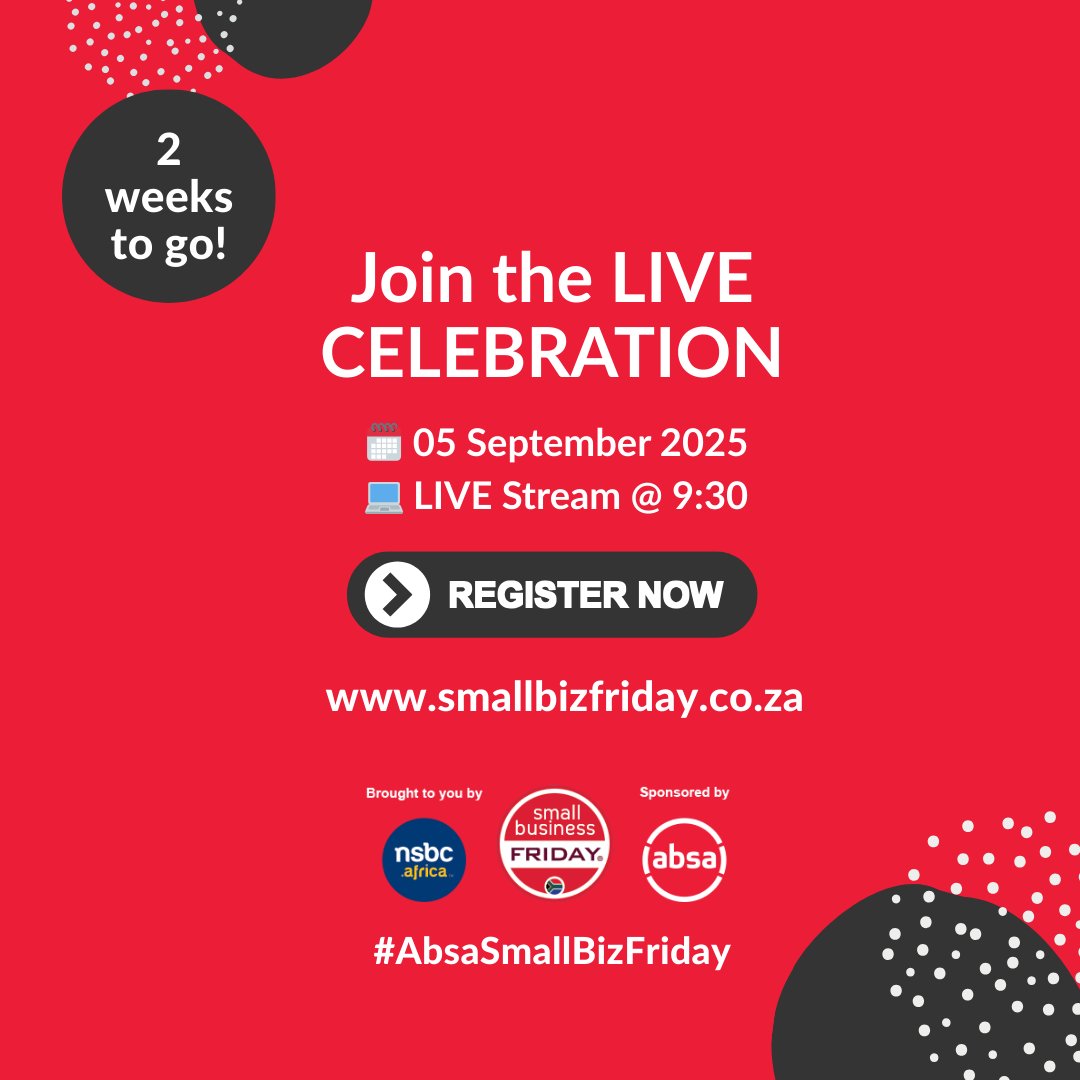 SmallBizFriday's tweet image. 2 weeks to go &apos;till South Africa’s biggest small business day of the year is here — and you’re invited!

Join the #AbsamallBizFriday Celebration  for an inspiring live Q&amp;amp;A.
🔗 Book your free spot now: smallbizfriday.co.za

#AbsaSmallBizFriday #SpringDay2025 @Absa.SouthAfrica