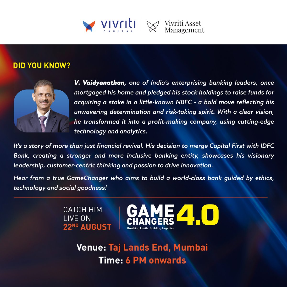 The day we’ve been waiting for is here! Join us as 𝗩. 𝗩𝗮𝗶𝗱𝘆𝗮𝗻𝗮𝘁𝗵𝗮𝗻, MD &amp; CEO of IDFC FIRST Bank, will kickstart the event with his keynote address by offering insights on how innovation and inclusion are reshaping the world of banking and financial services.    
#GC4