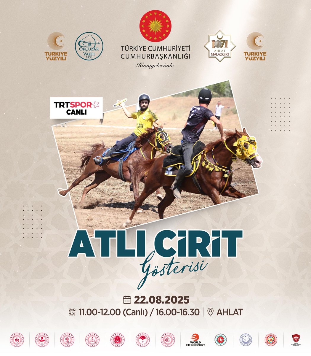 Atlı Ciritin Ustaları Ahlat'ta!

Malazgirt Zaferi Anma Programı kapsamında atlı ciritin ustaları hünerlerini sergileyecek. 🐎

🔹 Saat 11.00'den itibaren TRTSPOR YILDIZ'dan canlı olarak izleyebilirsiniz.