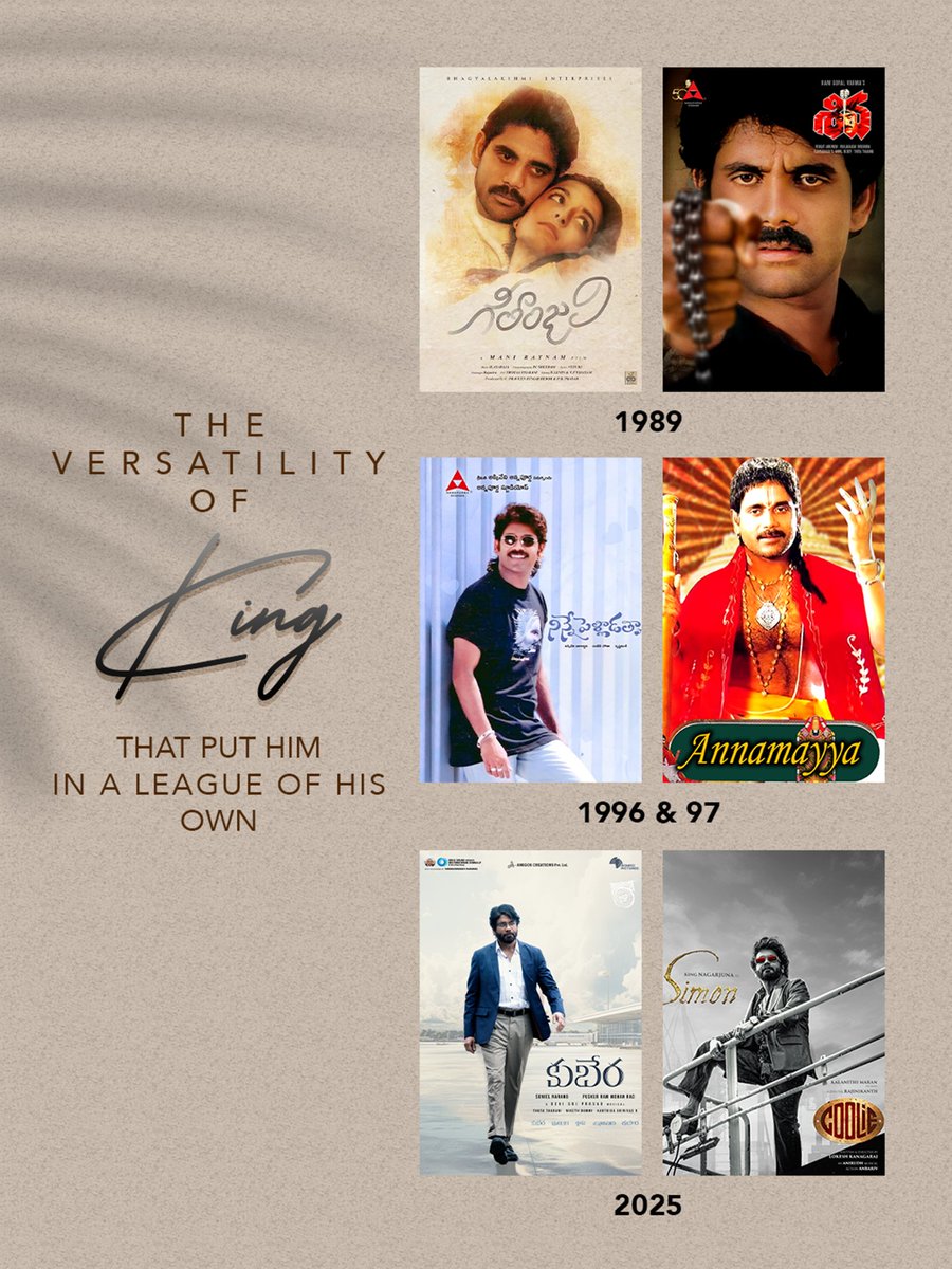 NAGSOLDIERS's tweet photo. Every era, every genre, every emotion – KING 👑 has ruled it all!

💫 1989 – Geethanjali &amp; Shiva
💫 1996 &amp; 97 – Ninne Pelladata &amp; Annamayya
💫 2025 – Kuberaa &amp; Coolie

👉 That’s what makes #NagarjunaAkkineni THE TRENDSETTER of Telugu Cinema!

#Coolie #Simon @iamnagarjuna https://t.co/1Y73UiUBBN