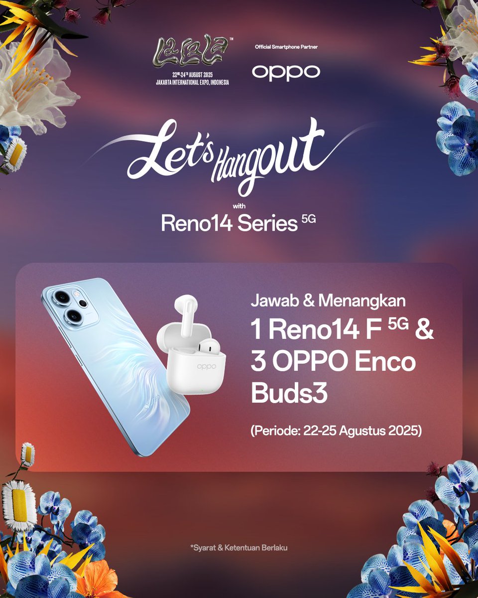 OPPO Indonesia (@oppoindonesia) on Twitter photo Menangkan 1 OPPO Reno14 F 5G & 3 OPPO Enco Buds3!
Ikuti caranya di sini:
1️⃣ Follow akun X <a href="/OPPOIndonesia/">OPPO Indonesia</a>
2️⃣ Like dan Comment postingan ini
3️⃣ Jawab pertanyaan berikut sekreatif mungkin:
“Siapa musisi favorit yang mau kamu foto dengan OPPO Reno14 Series di LaLaLa Fest 2025 dan Menangkan 1 OPPO Reno14 F 5G & 3 OPPO Enco Buds3!
Ikuti caranya di sini:
1️⃣ Follow akun X <a href="/OPPOIndonesia/">OPPO Indonesia</a>
2️⃣ Like dan Comment postingan ini
3️⃣ Jawab pertanyaan berikut sekreatif mungkin:
“Siapa musisi favorit yang mau kamu foto dengan OPPO Reno14 Series di LaLaLa Fest 2025 dan
