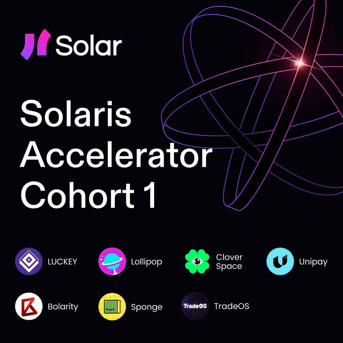Solaris Accelerator Cohort 1 projects banner featuring logos of LUCKY, Lollipop, Clover Space, Unipay, Bolarity, Sponge, and TradeOS