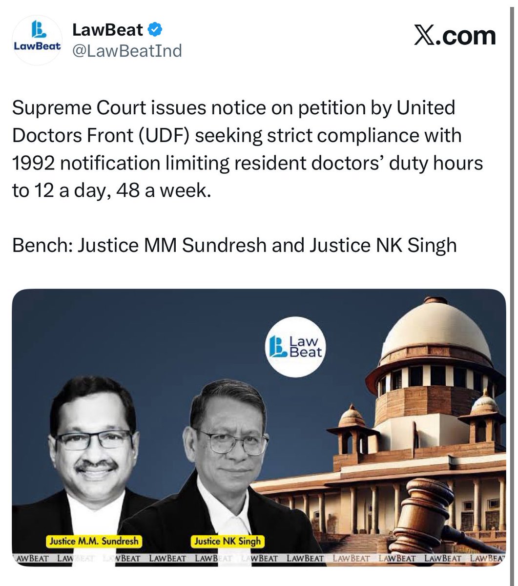 DR.LAKSHYA MITTAL (@drlakshyamittal) on Twitter photo 𝗕𝗶𝗴 𝗨𝗽𝗱𝗮𝘁𝗲 —
Hon’ble Supreme Court has issued notice on <a href="/UDF_BHARAT/">UNITED DOCTORS FRONT (UDF)</a>’ petition regarding Drs’ duty hours.
We have sought strict compliance with the <a href="/MoHFW_INDIA/">Ministry of Health</a> 1992 guidelines— limiting resident Drs’ duty to 12 hrs/day, 48 hrs/week.
Kudos to our Counsels 𝗕𝗶𝗴 𝗨𝗽𝗱𝗮𝘁𝗲 —
Hon’ble Supreme Court has issued notice on <a href="/UDF_BHARAT/">UNITED DOCTORS FRONT (UDF)</a>’ petition regarding Drs’ duty hours.
We have sought strict compliance with the <a href="/MoHFW_INDIA/">Ministry of Health</a> 1992 guidelines— limiting resident Drs’ duty to 12 hrs/day, 48 hrs/week.
Kudos to our Counsels