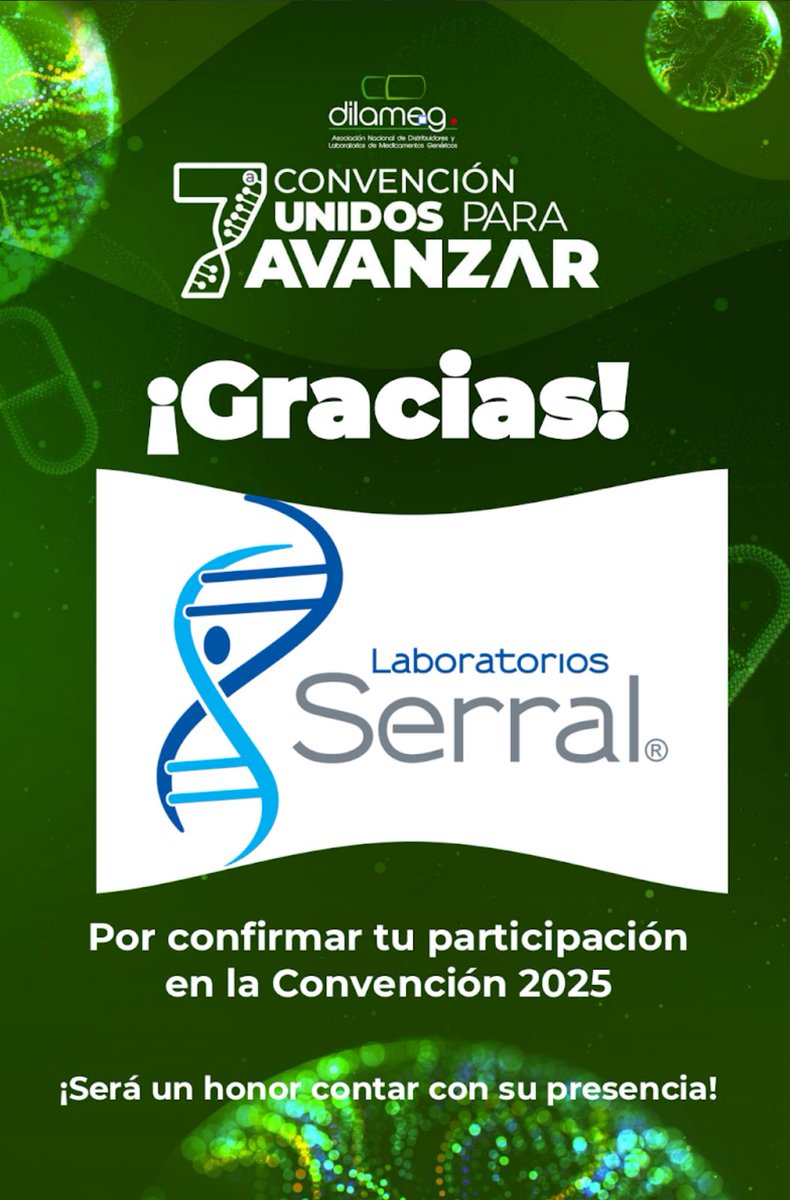 ¡Nos honra recibir a <a href="/Lab_Serral/">Laboratorios Serral</a>  en la 7a. Convención Dilameg 2025! “Unidos para Avanzar” es más que un lema: es el reflejo de la colaboración y el compromiso que tenemos en #Dilameg. Gracias por sumarte a este evento que celebra el esfuerzo conjunto por brindar salud.
