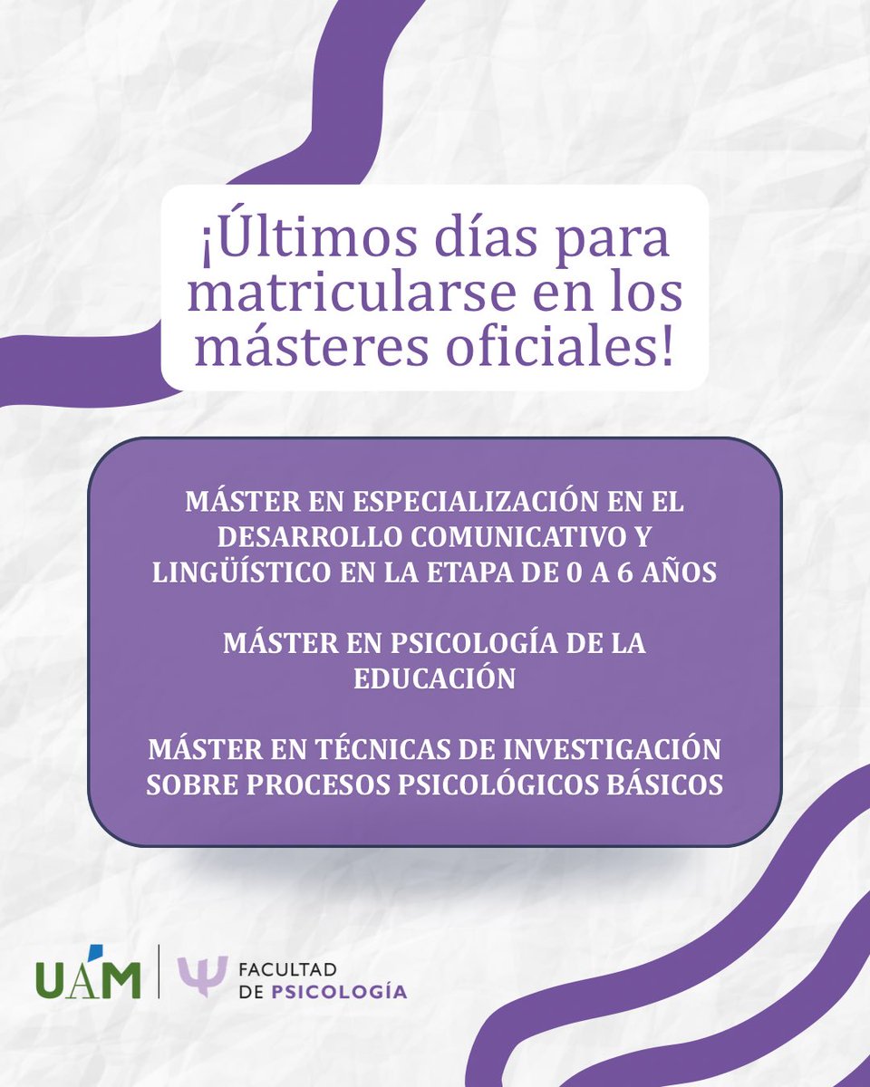 uam_psicologia's tweet photo. 🚨 Últimas plazas disponibles 🚨
Nuestros másteres oficiales que comienzan en septiembre y las inscripciones están a punto de cerrarse.
No te quedes sin la tuya ⏳
👉 https://t.co/fwOzMX8PEy https://t.co/NjCg9cHCkp