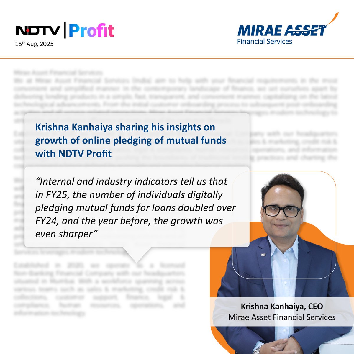 MiraeAssetFin's tweet photo. 📈 Online pledging of mutual funds is booming! Krishna Kanhaiya, CEO of Mirae Asset Financial Services, discusses the increasing popularity of this digital solution with NDTV Profit.

Full story: https://t.co/9b2WSNiUrA

#DontRedeemitLienit #LoanAgainstMutualFunds #MutualFunds https://t.co/xInN3NqdM5