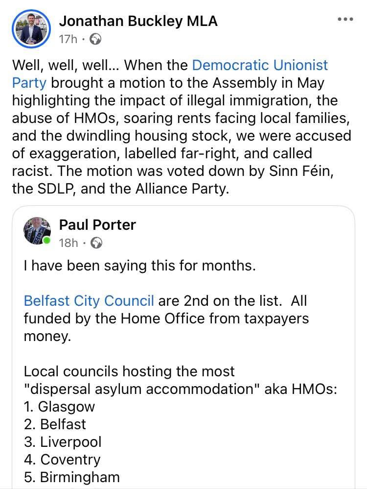 SINN FEIN, the ALLIANCE PARTY, and SDLP have a LOT to answer for!

They voted AGAINST highlighting the impact of illegal immigration - can you believe it?

Ordinary people have had ENOUGH!

Clearly, only the DUP will stand up for COMMON SENSE and the MAJORITY!
