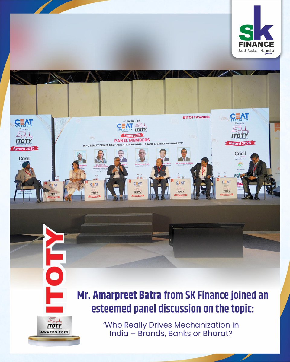 🌟 “3 Years. 3 Awards. One Shared Journey.” 🌟

For the third consecutive year, SK Finance has been recognized as the Best Pre-Owned Tractor Finance Institution at the ITOTY Awards 2025. 🏆🚜

This achievement is not just ours – it belongs to every customer, partner, and team