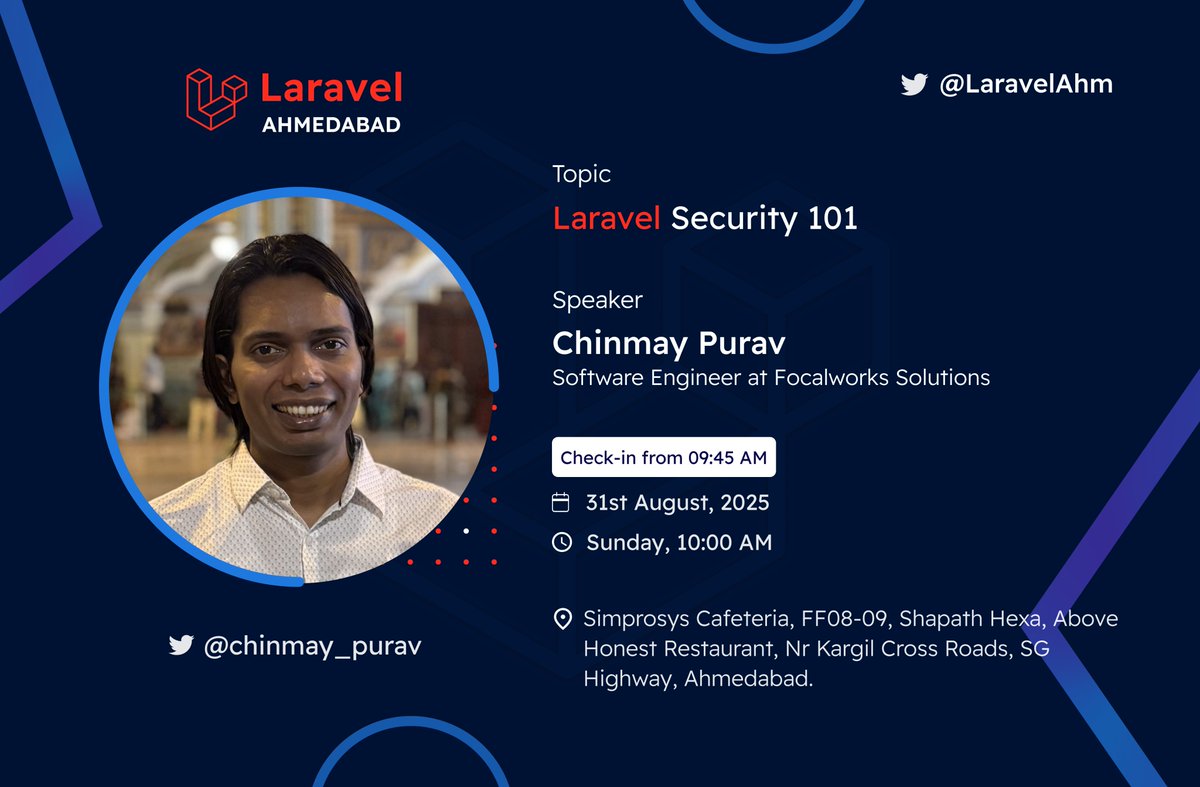 LaravelAhm's tweet image. Excited to have @chinmay_purav speaking at the Laravel Ahmedabad August Meetup! 🎉

🎤 Laravel Security 101
📅 31st Aug | 🕙 10 AM
📍 @Simprosys Cafeteria, Shapath Hexa.

 Register: allevents.in/ahmedabad/lara…

@laravelphp @LaraconIN  #LaravelAhmedabad