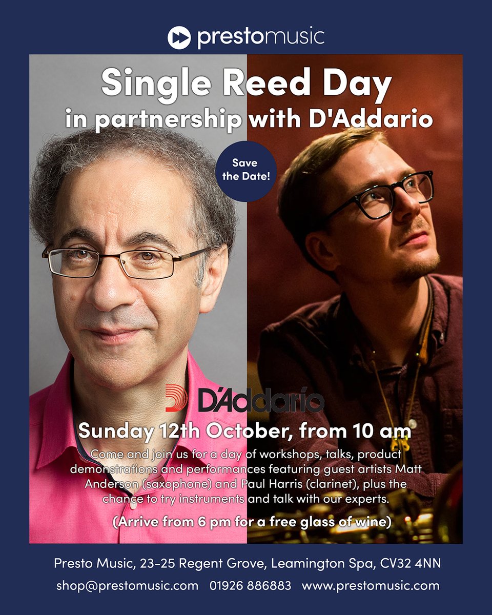 Join us for a day of workshops, talks, product demonstrations and performances featuring guests Matt Anderson (saxophone) and <a href="/PaulHarris_Cl/">Paul Harris</a> (clarinet), plus the chance to try instruments and talk with our experts. In partnership with <a href="/DaddarioandCo/">D'Addario</a>.

🔎 tinyurl.com/34bedxpk
