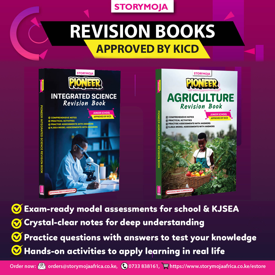 KJSEA is almost here—Is your child ready? 📚
Storymoja Pioneer Revision Books (KICD Approved ✅) give:
⚡ Exam-style practice
⚡ Simple notes
⚡ Fun activities
Get copies NOW 👉 bit.ly/4mNGN2i | Also in leading bookshops!