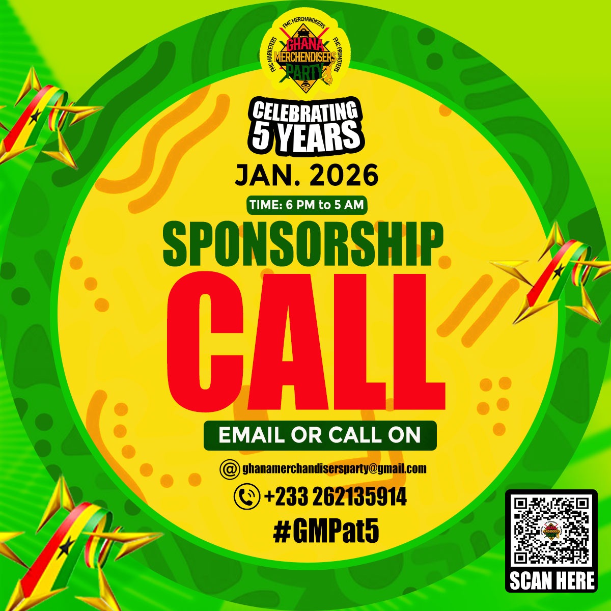 We invite individuals, brands, and organizations to participate in this annual party as a United tool with sponsorship and support, helping us bring this celebration of oneness in our profession.

#GMPat5 #GhanaMerchandisersParty #UnitedWeServe #SentOneEntertainment #ShattaLambo